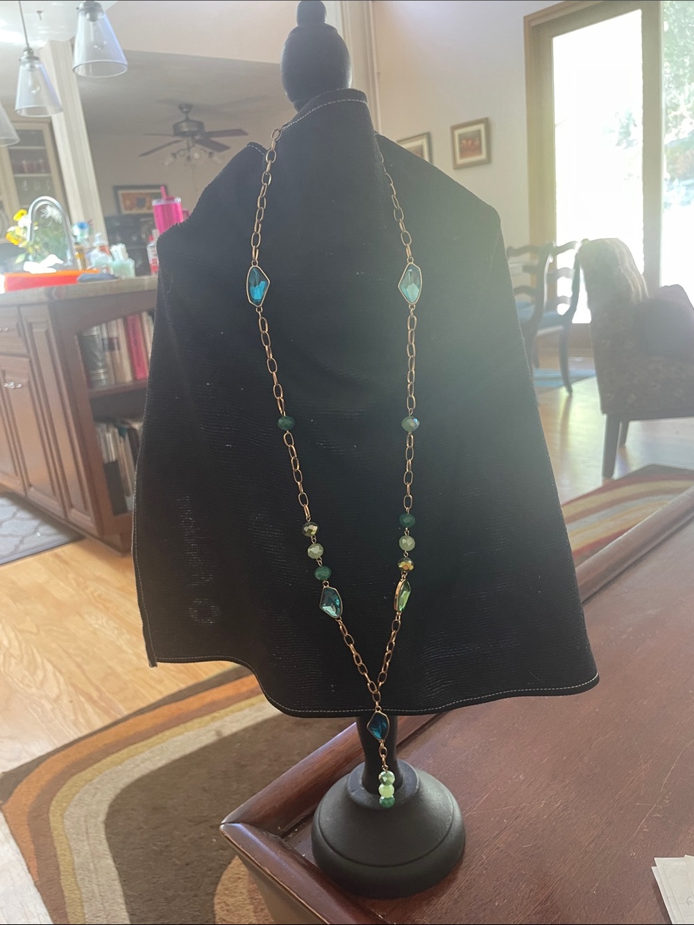 Ashley Cooper Long Statement Necklace. Gold link chain. Blue green accents. NWOT